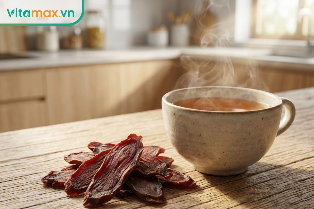 Cốc trà hồng sâm ấm nóng và vài lát sâm khô trên bàn gỗ, minh họa cho việc người bị gout có thể uống sâm đúng cách.