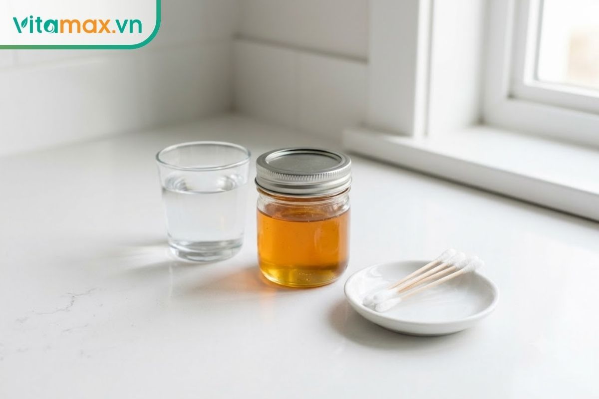 Hũ mật ong nguyên chất đặt cạnh tăm bông y tế vô khuẩn và cốc nước muối sinh lý trên mặt bàn trắng sạch, ánh sáng tự nhiên.