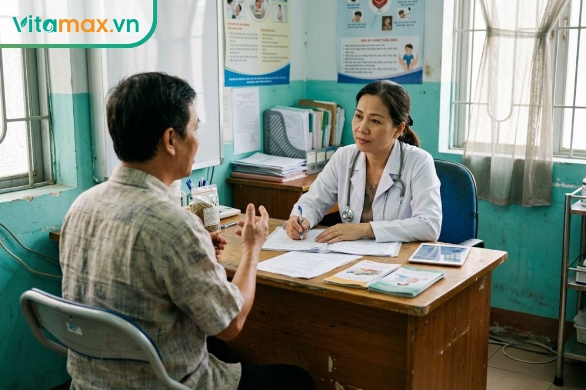 Bác sĩ trao đổi cùng một người bệnh tại phòng khám, xem thông tin thuốc trên máy tính bảng trước khi cân nhắc sử dụng nấm linh chi.