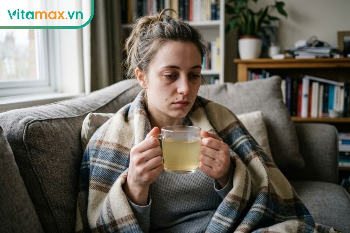 Cận cảnh một người đang mệt mỏi do sốt cầm cốc nước mật ong ấm để làm dịu cơn rát cổ họng.