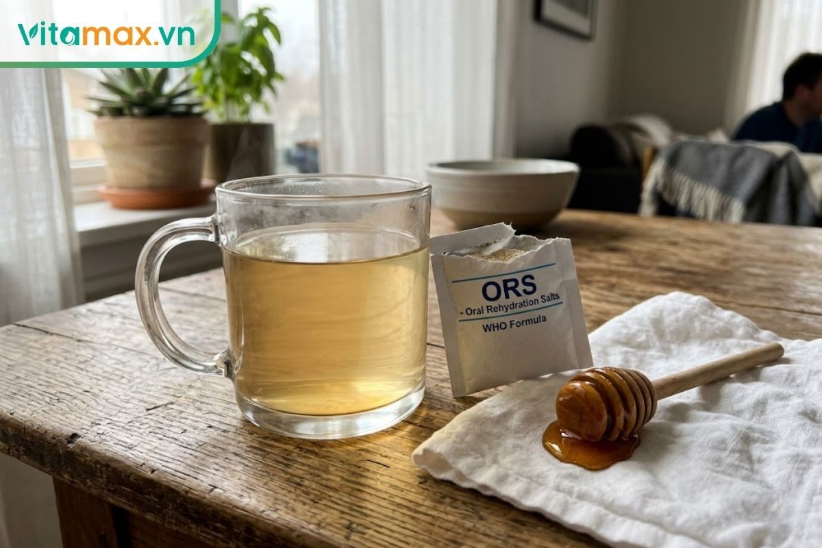 Một ly nước ấm pha chút mật ong đặt cạnh gói bù nước điện giải Oresol trên bàn để hỗ trợ giảm tiêu chảy.
