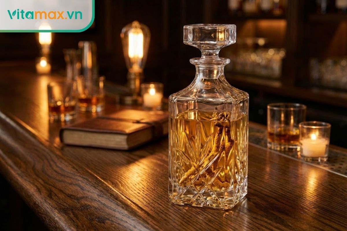 Bình rượu ngâm đông trùng hạ thảo tươi được đặt trên kệ gỗ, thể hiện sự sang trọng và mạnh mẽ.