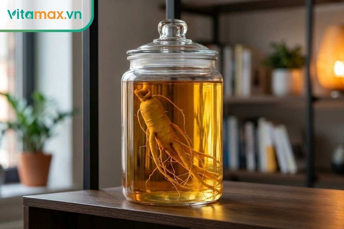 Bình thủy tinh ngâm sâm tươi với nước rượu trong vắt, củ sâm nguyên vẹn rễ.