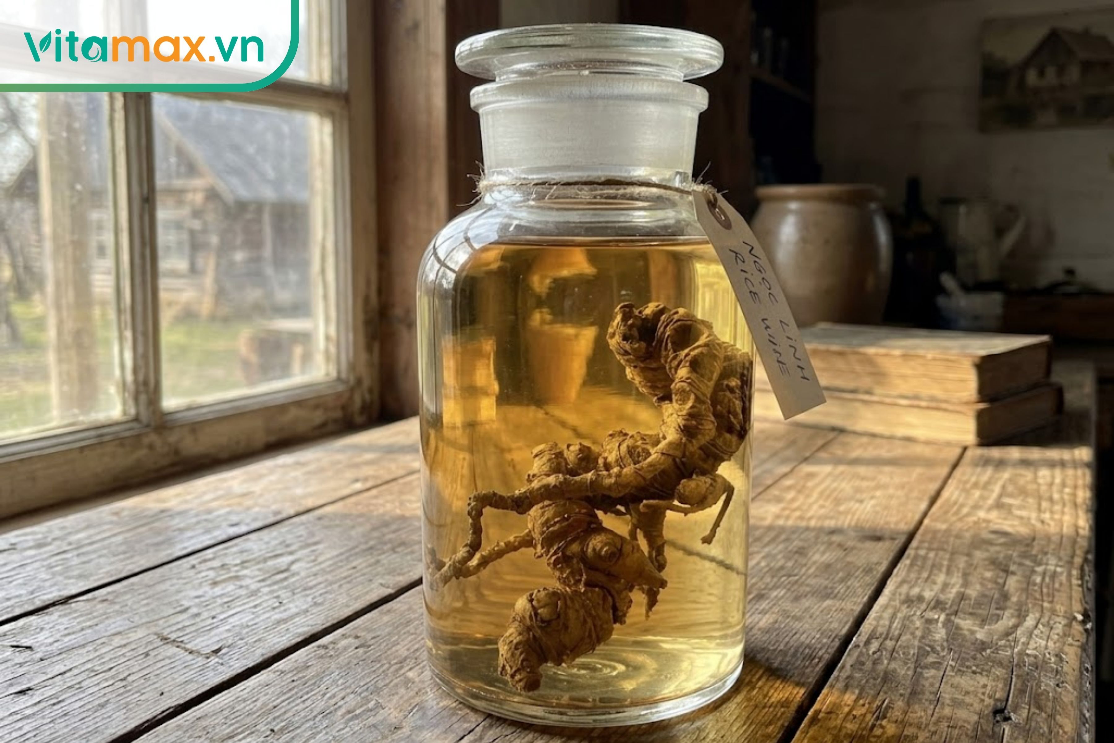 Bình rượu sâm Ngọc Linh màu vàng óng ngâm đạt chuẩn được đặt trên bàn gỗ chân thực.