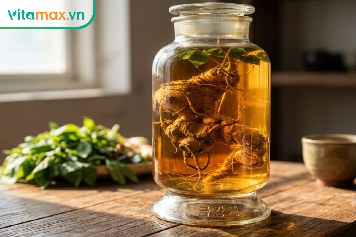 Một bình thủy tinh lớn chứa củ sâm Ngọc Linh nguyên vẹn ngâm trong rượu màu vàng hổ phách, đặt trên bàn gỗ mộc mạc với ánh sáng tự nhiên.