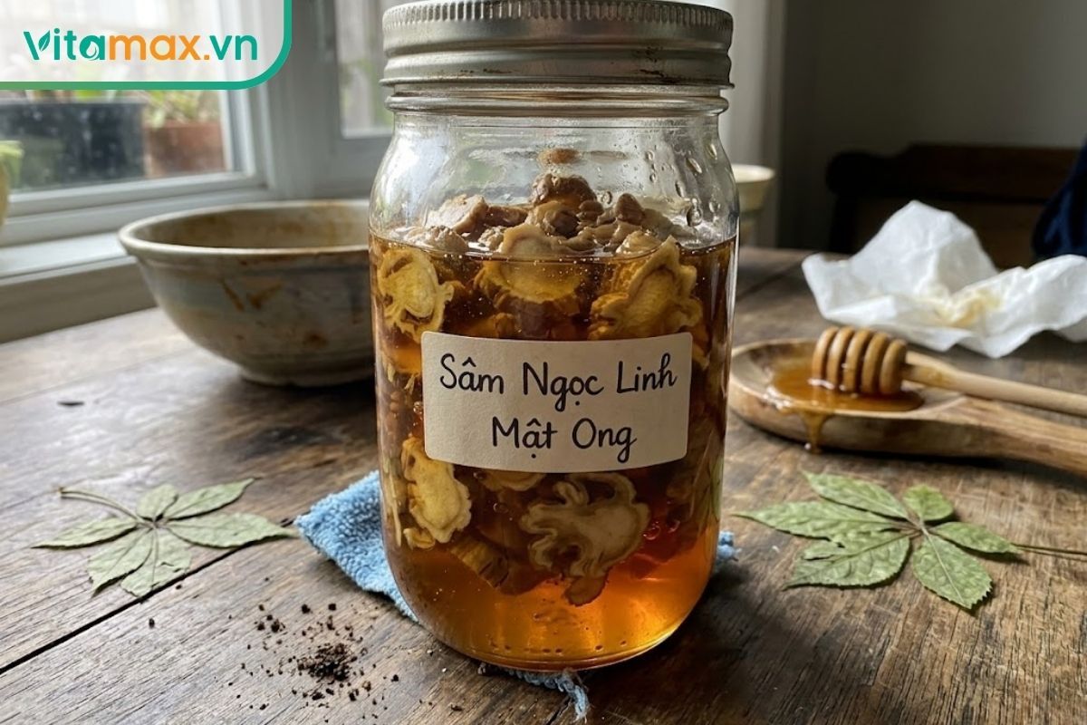 Bình sâm Ngọc Linh ngâm mật ong nguyên chất màu vàng hổ phách đặt trên bàn gỗ bếp gia đình, với các lát sâm nổi bật.