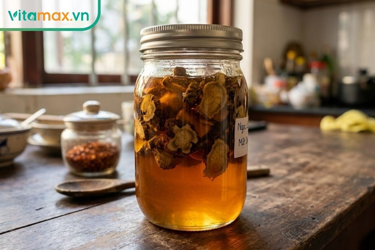 Bình sâm Ngọc Linh thái lát ngâm mật ong nguyên chất đặt trên bàn gỗ trong không gian bếp gia đình.