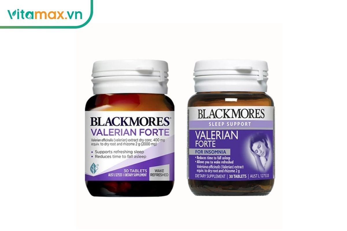 Hai mẫu lọ Blackmores Valerian Forte 2000mg với bao bì tím trắng, sản phẩm chứa chiết xuất rễ nữ lang