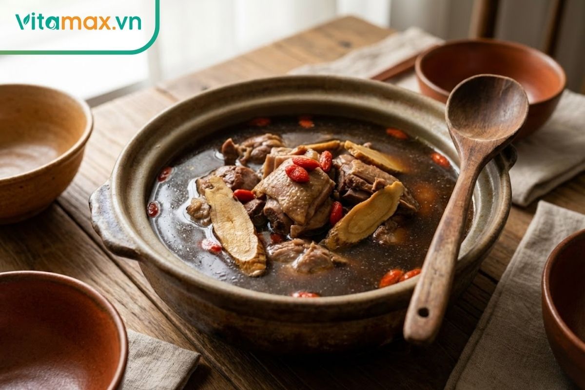 Món bồ câu hầm sâm và kỷ tử trong nồi sứ.