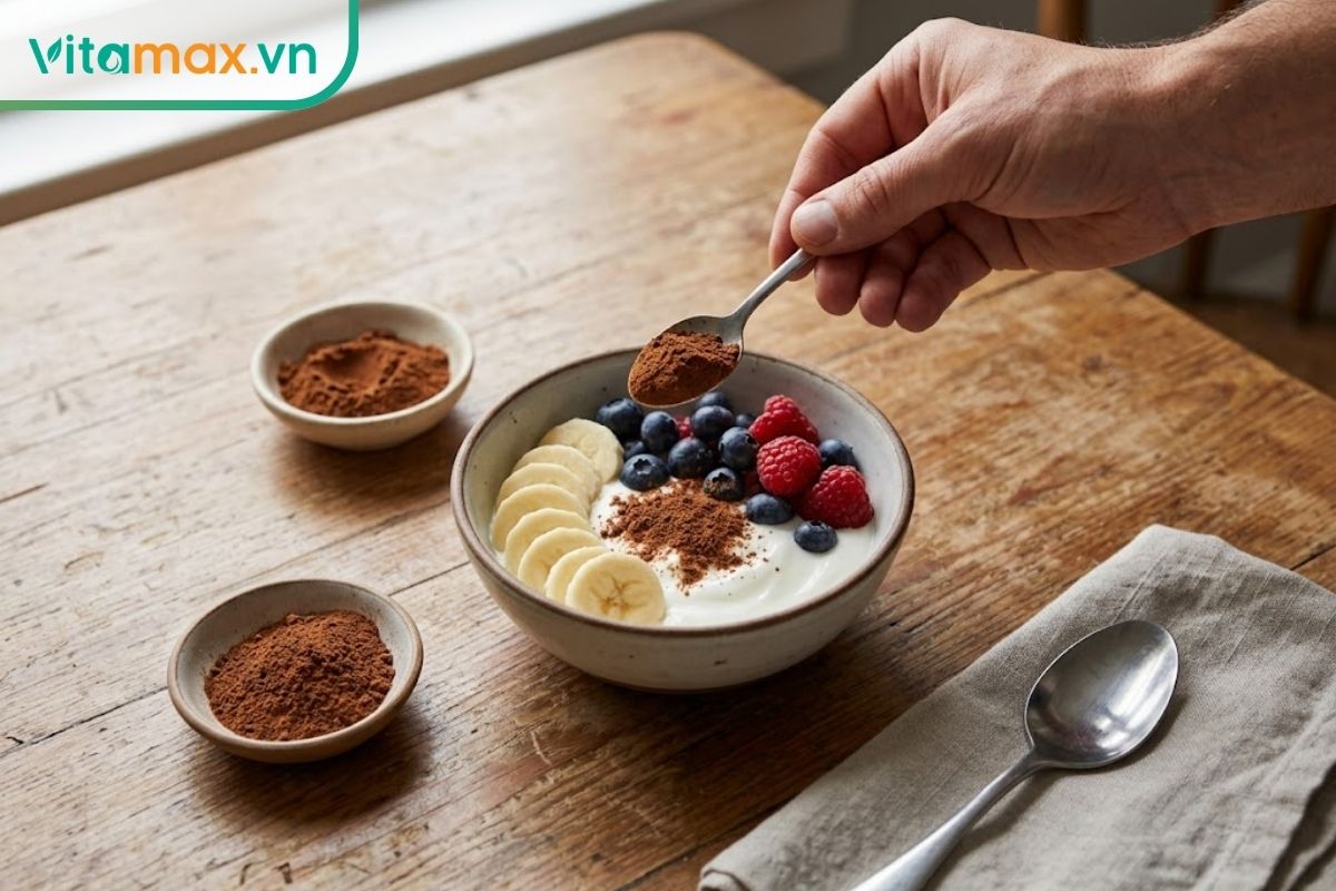 Bột linh chi mịn được rắc vào bát sữa chua cùng chuối và quả mọng, minh họa cách dùng linh chi trong bữa phụ.
