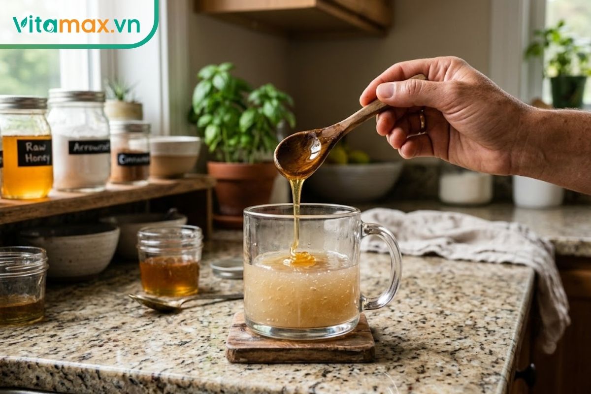 Một ly thủy tinh chứa bột sắn dây chín sánh trong suốt đang được rót một thìa mật ong vàng óng lên trên, đặt trên mặt bàn đá sáng màu trong không gian bếp.