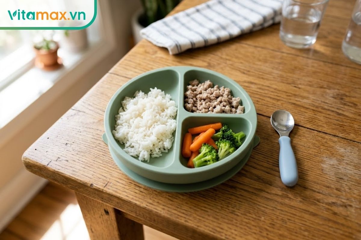 Một khay ăn dặm silicon màu xanh nhạt đựng cơm mềm, thịt băm nhỏ và nhiều loại rau củ luộc nhiều màu sắc đặt trên bàn ăn bằng gỗ, ánh sáng tự nhiên.