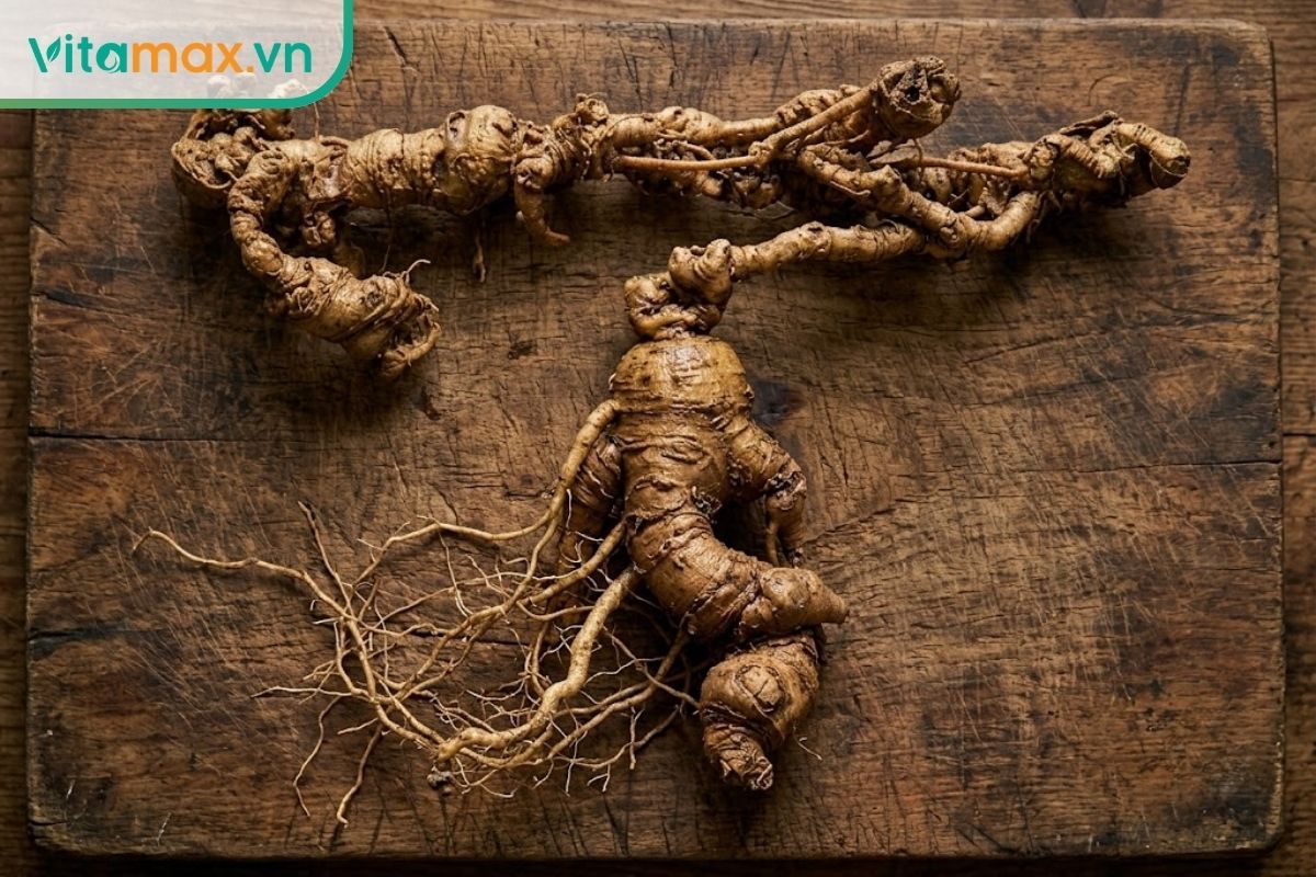 Củ sâm Ngọc Linh tươi đặt trên thớt gỗ, hiển thị rõ ràng phần thân rễ có nhiều đốt sẹo phía trên, phần rễ chính phình to ở giữa và các rễ con tua tủa ở dưới.
