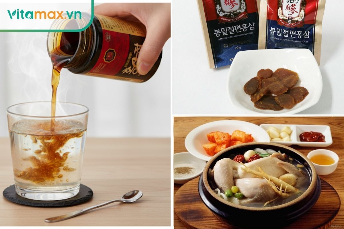 Ảnh ghép 3 cách sử dụng cao hồng sâm phổ biến: pha trực tiếp với nước ấm, làm siro mật ong và chế biến món gà hầm bổ dưỡng.