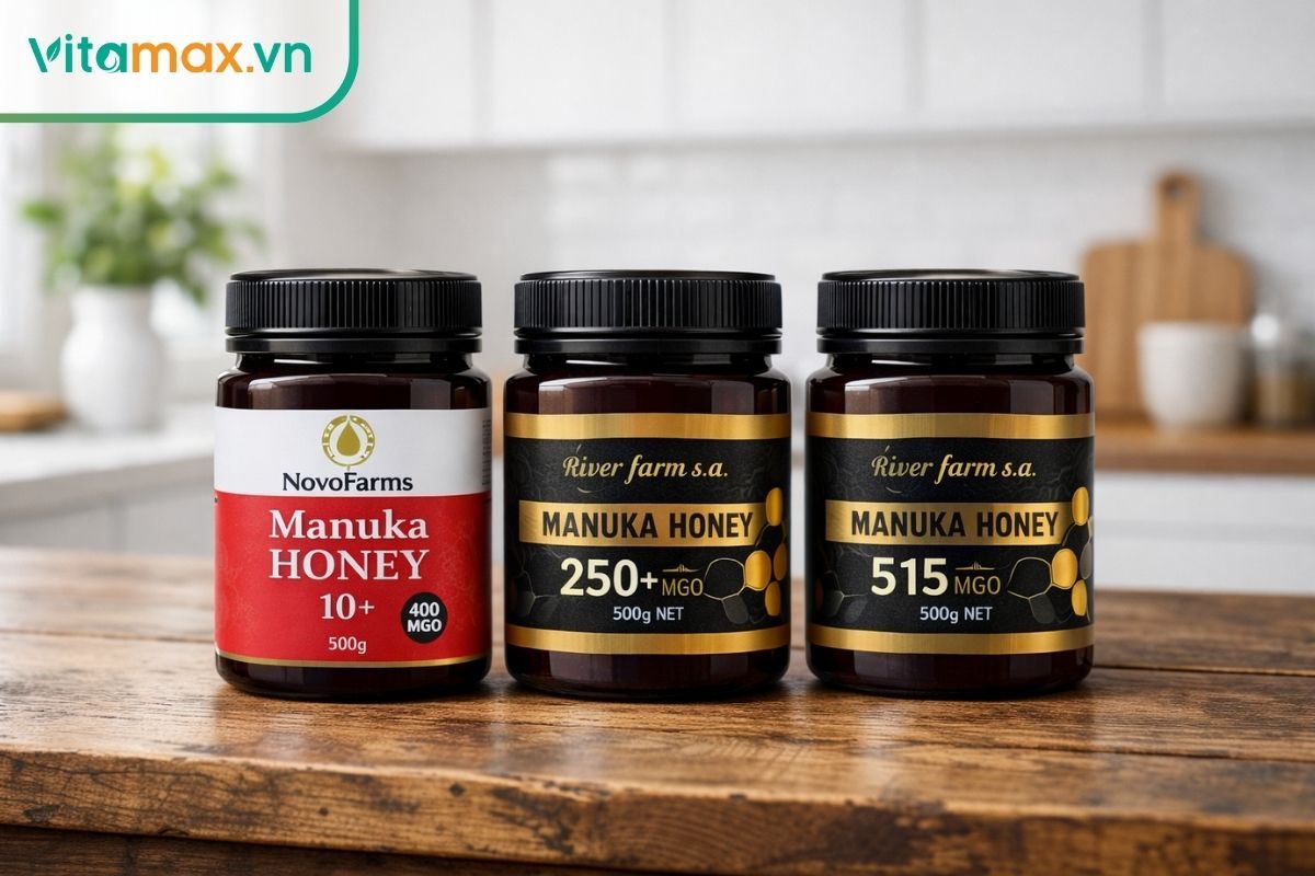 Các lọ mật ong Manuka được sắp xếp theo cấp độ MGO từ thấp đến cao
