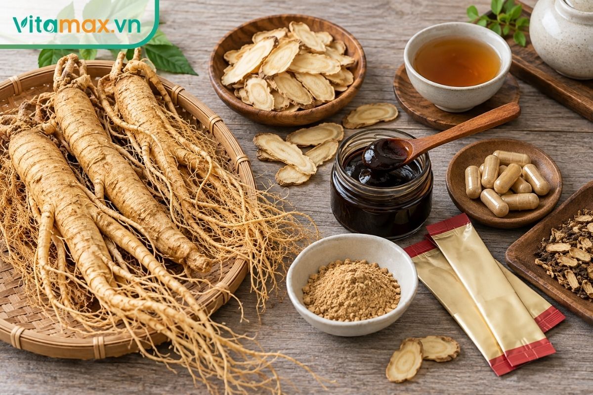 Nhiều dạng chế phẩm sâm gồm củ khô, lát sâm, cao, gói nước và viên nang được sắp xếp trên bàn kiểm tra sản phẩm.