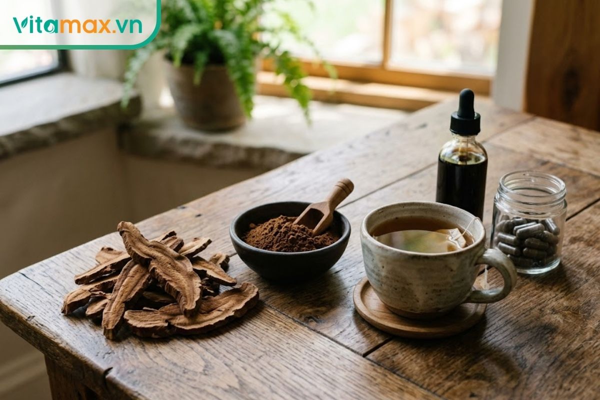 Linh chi khô, trà, bột, viên nang và dạng cao được đặt cạnh nhau để minh họa các dạng sản phẩm thường gặp.