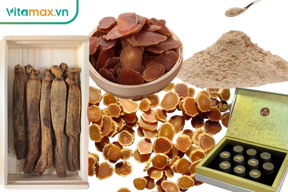 các dạng thiên sâm gồm củ khô, lát sâm, bột sâm và sâm mật ong Hàn Quốc