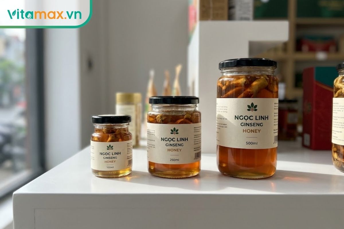 So sánh trực quan các dung tích hũ sâm Ngọc Linh ngâm mật ong phổ biến từ nhỏ đến lớn để khách hàng dễ dàng hình dung và ước lượng giá.