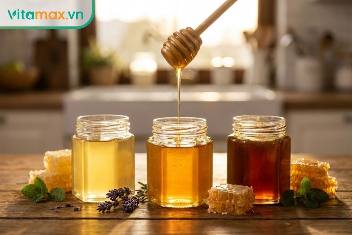 Bộ sưu tập các loại mật ong ngon và tốt nhất trên thị trường bao gồm mật ong rừng, Manuka và mật ong hoa được sắp xếp đẹp mắt trên bàn gỗ.