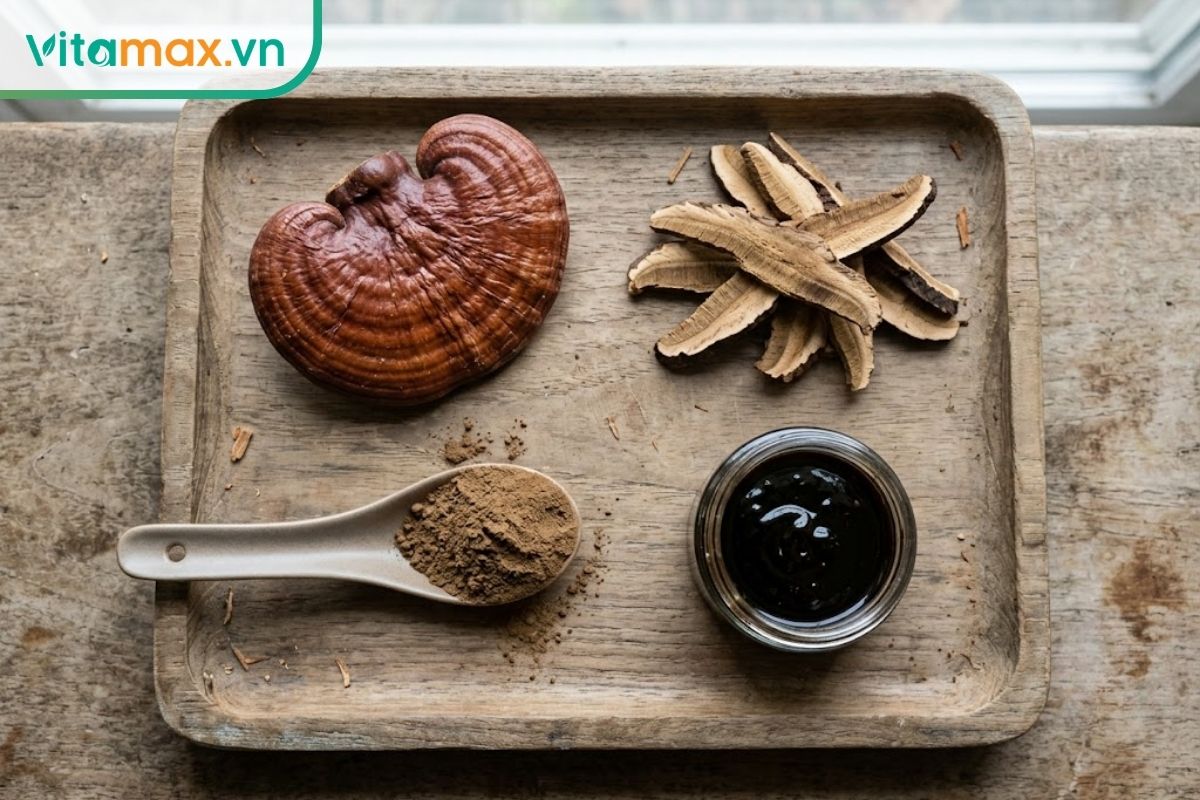Khay gỗ bày bốn dạng nấm linh chi phổ biến gồm tai khô nguyên bản, lát thái mỏng, bột mịn trên thìa sứ và hũ thủy tinh đựng cao cô đặc.