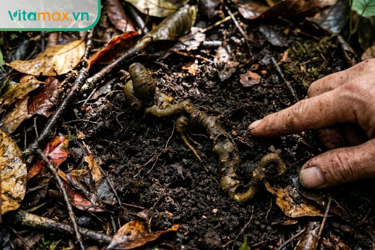 Hũ thủy tinh chứa sâm Ngọc Linh thái lát ngâm mật ong vàng óng đặt cạnh vài củ sâm sấy khô và tách trà sâm trên bàn bếp.