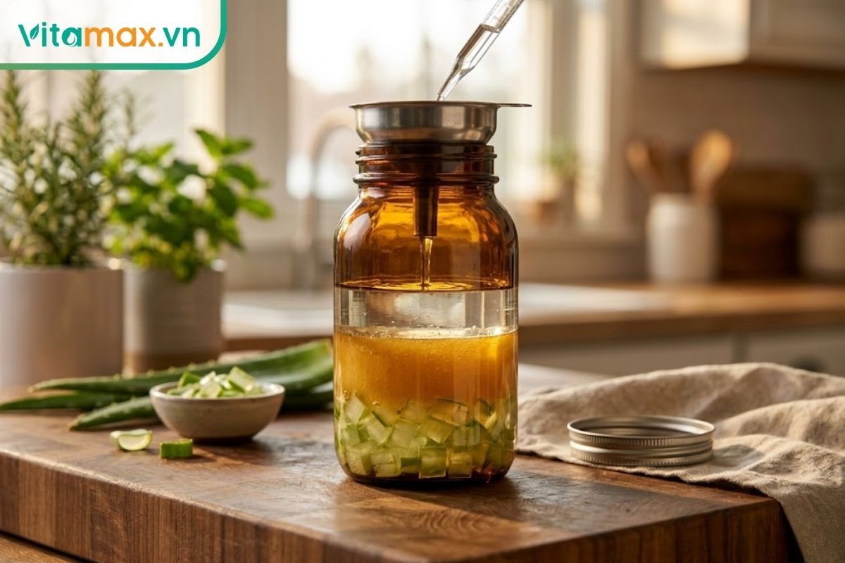 Hũ thủy tinh tối màu chứa hỗn hợp nha đam ngâm theo thứ tự chuẩn: lớp nha đam thái lựu dưới cùng, đến mật ong và trên cùng là rượu.