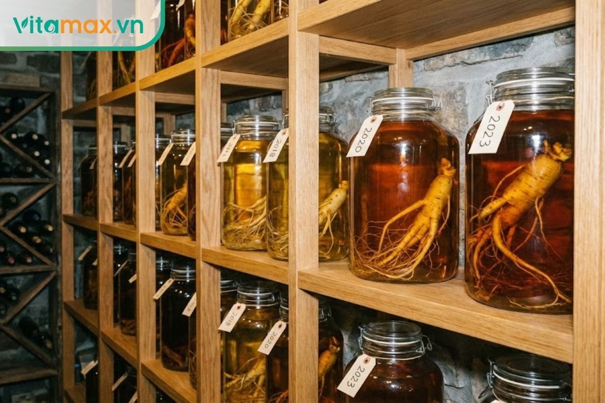 kệ gỗ trưng bày các bình rượu sâm được bảo quản nơi thoáng mát
