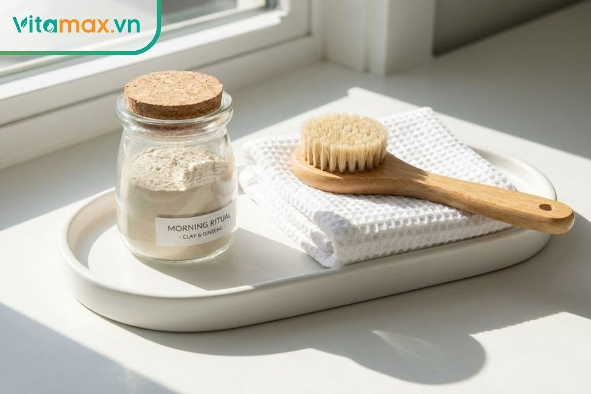 Hũ thủy tinh chứa bột sâm được đậy kín nắp, đặt gọn gàng trên kệ gỗ thoáng mát.