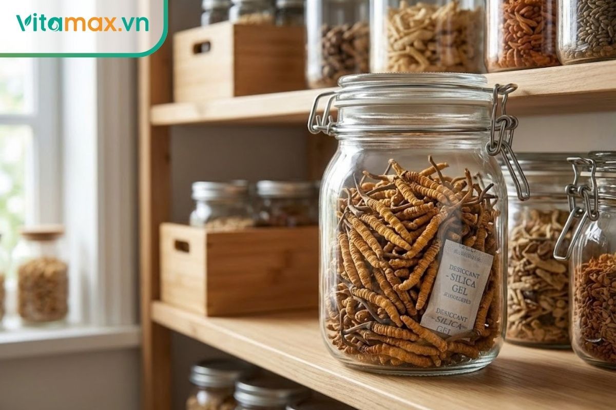 Bảo quản đông trùng hạ thảo khô trong lọ thủy tinh kín có gói hút ẩm.