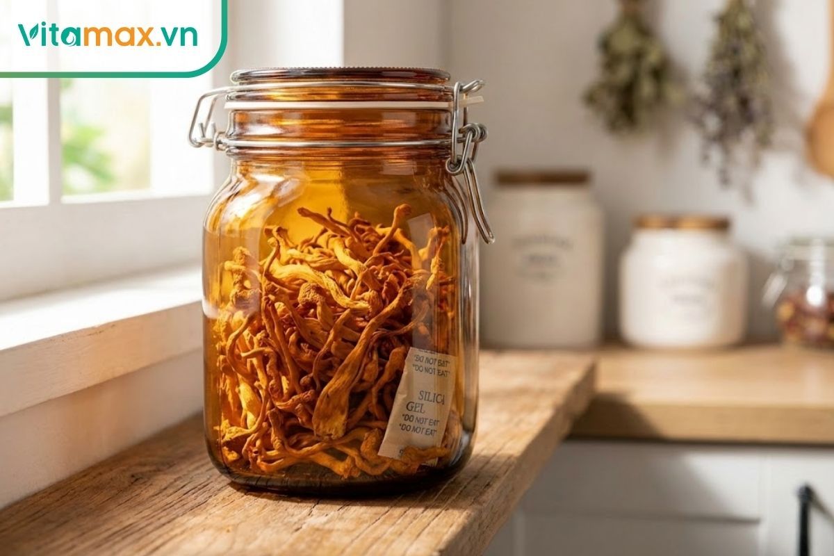 Đông trùng hạ thảo khô được bảo quản trong hũ thủy tinh kín nắp kèm gói hút ẩm trên kệ gỗ.