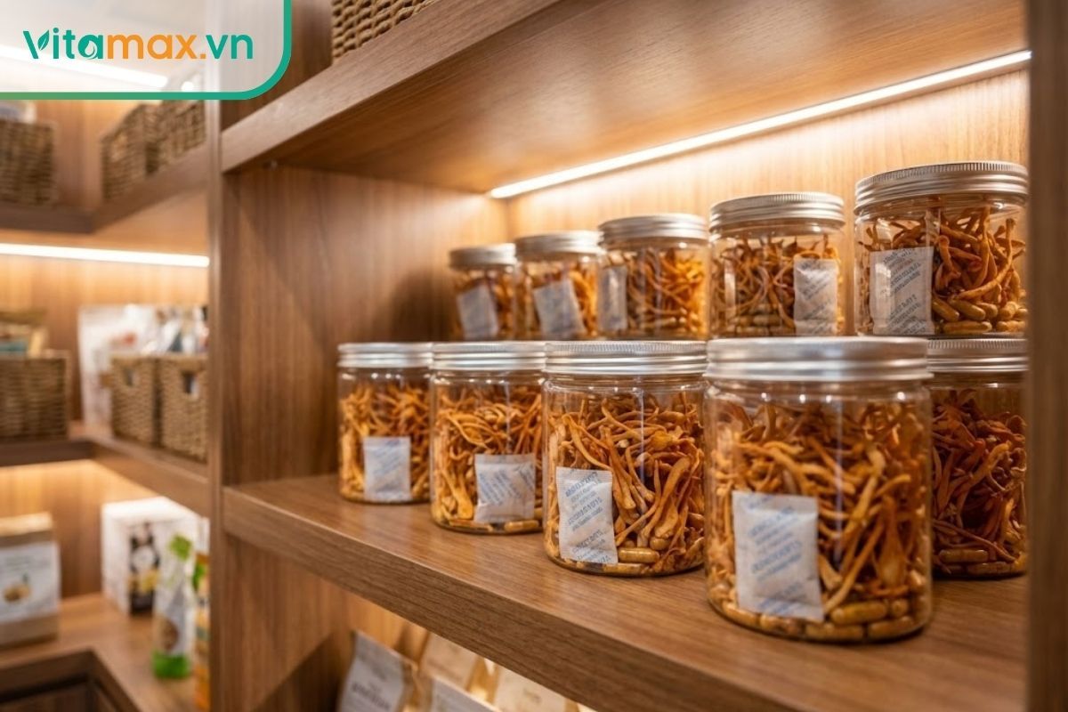 Các hũ thủy tinh đựng đông trùng hạ thảo khô được đóng kín, đặt trên kệ gỗ khô ráo, thoáng mát.