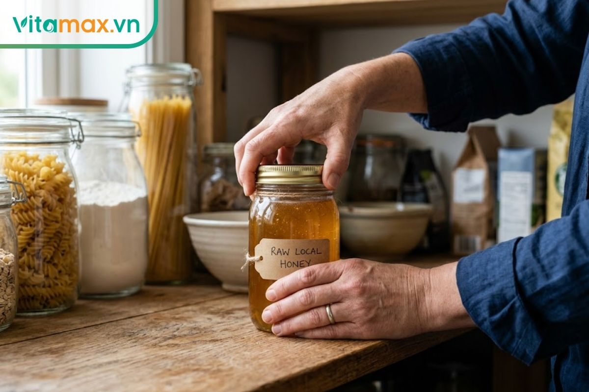 Đôi bàn tay đang vặn chặt nắp thiếc của một hũ mật ong thủy tinh đặt trên kệ tủ bếp bằng gỗ khô ráo, minh họa cách bảo quản mật ong an toàn tại nhà.