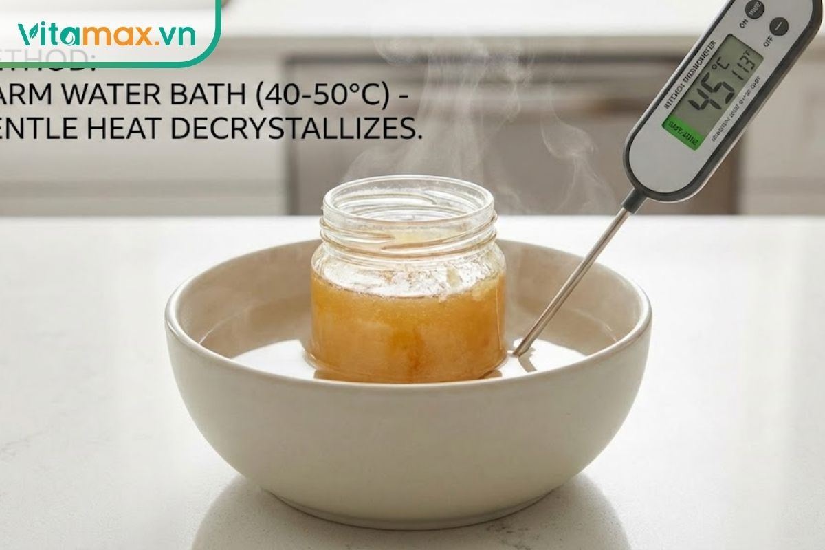 Các hũ mật ong thủy tinh được sắp xếp gọn gàng trên kệ gỗ ở nơi thoáng mát, tránh ánh nắng.