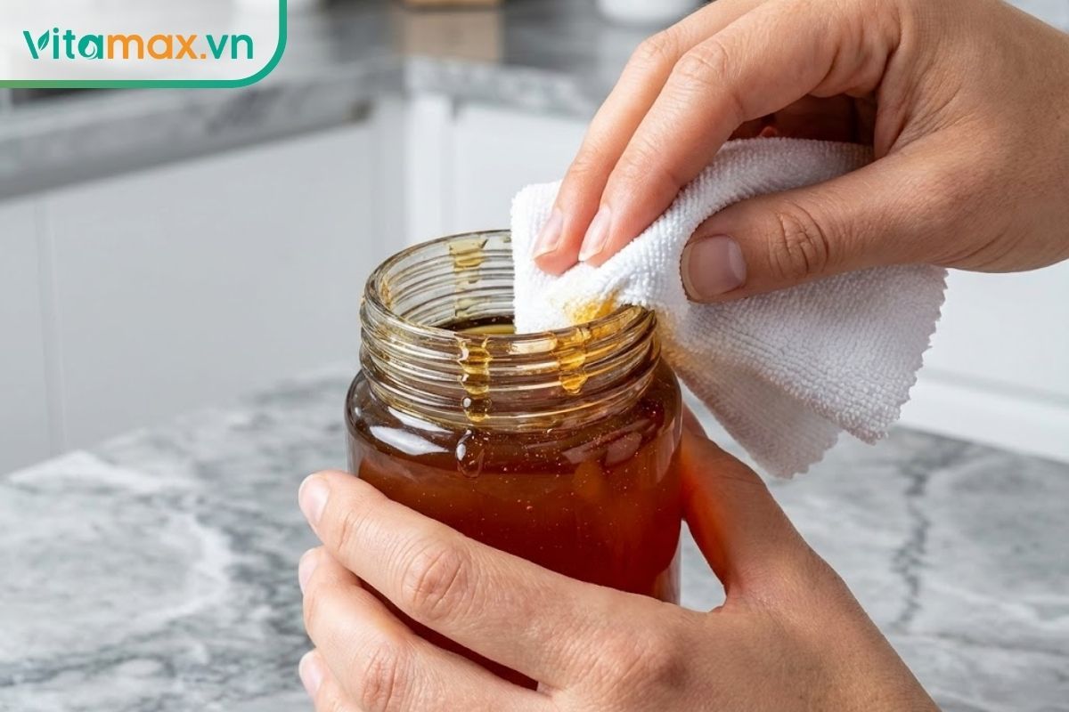 Cận cảnh bàn tay đang dùng khăn sạch lau kỹ miệng hũ mật ong thủy tinh để loại bỏ mật thừa, ngăn chặn kiến bu.