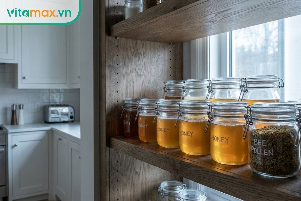 Các hũ mật ong thủy tinh được sắp xếp gọn gàng trên kệ gỗ ở nơi thoáng mát, tránh ánh nắng trực tiếp để bảo quản lâu dài.