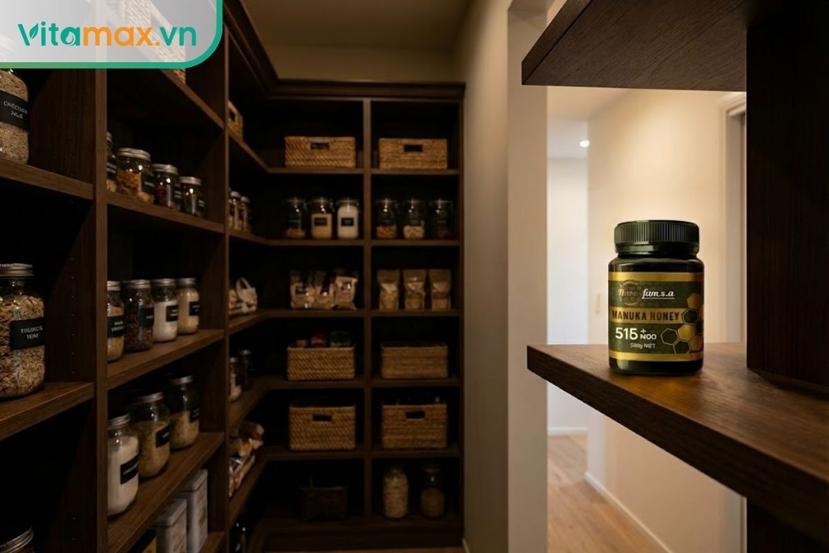 Hũ mật ong Manuka Úc RiverFAM 515+ MGO 500g nắp kín đặt trên kệ gỗ tủ bếp nơi khô ráo thoáng mát.