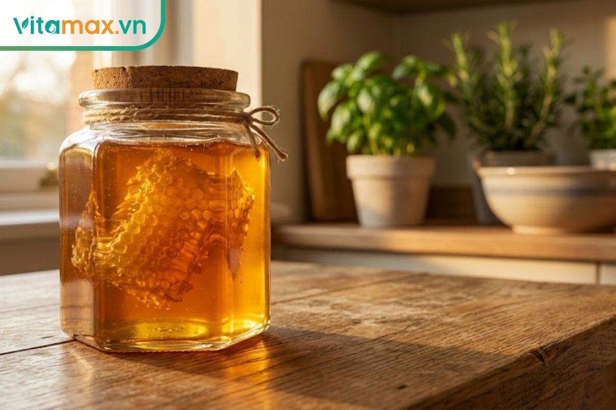 Hũ mật ong rừng nguyên chất màu hổ phách đặt trên bàn gỗ với ánh sáng tự nhiên, minh họa cách bảo quản đúng chuẩn.