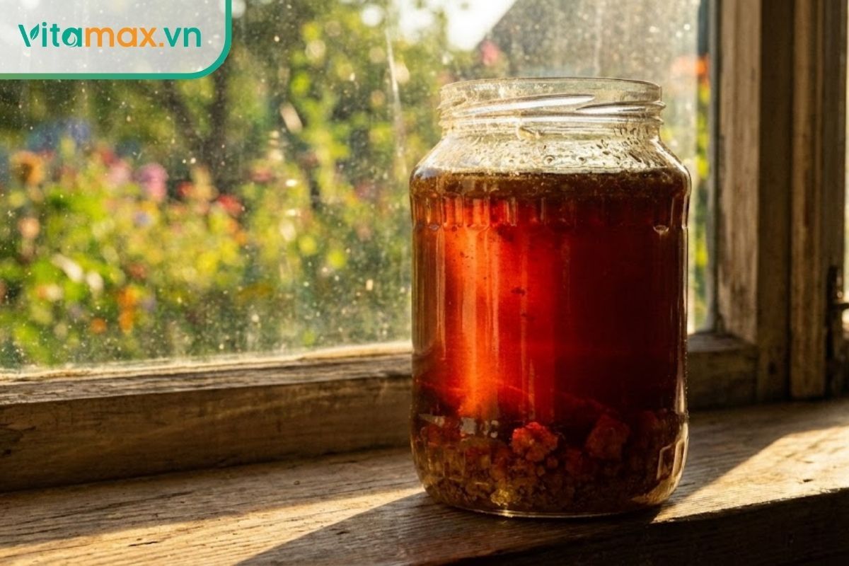 Các hũ mật ong thủy tinh nắp kín được xếp gọn gàng trong tủ bếp thoáng mát, tránh ánh nắng.