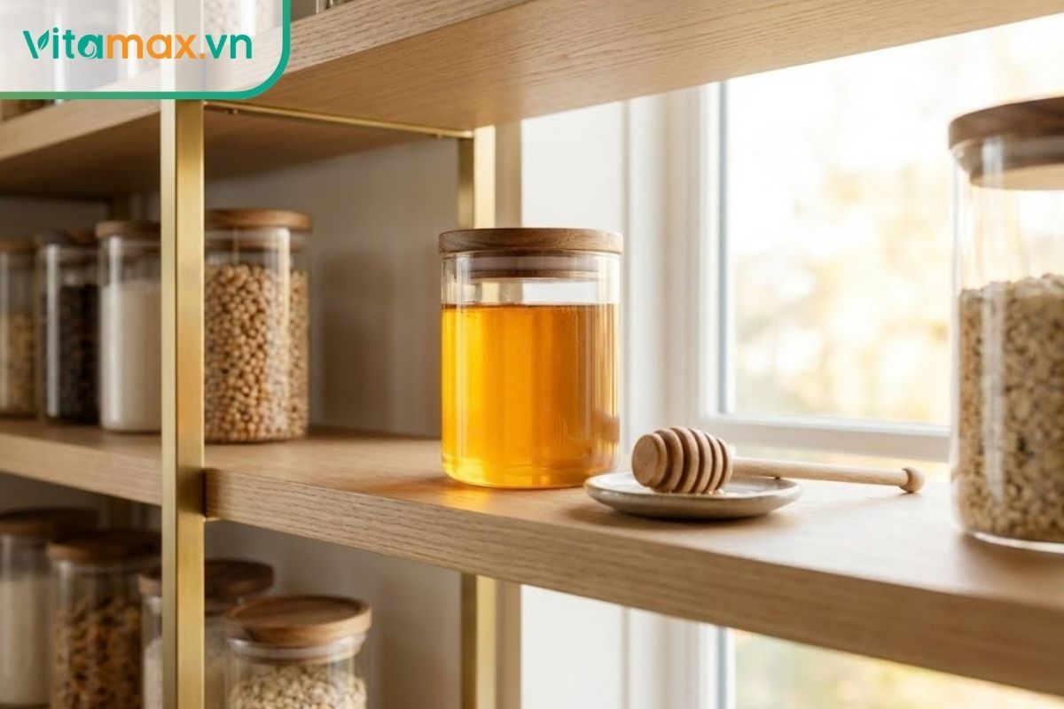 Hũ mật ong thủy tinh nắp kín đặt tại nơi khô ráo, thoáng mát để tránh ẩm mốc và hư hỏng.