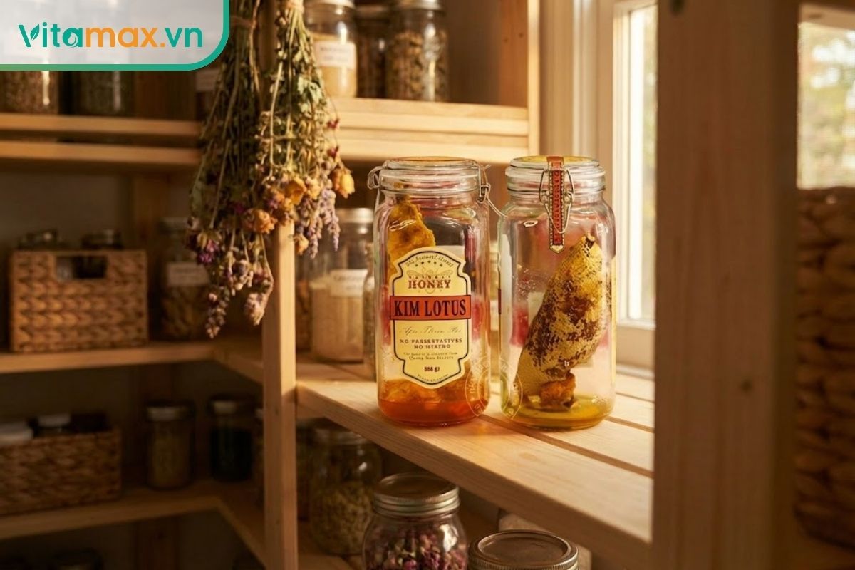 Bảo quản mật ong trong hũ thủy tinh nắp kín đặt tại nơi khô ráo thoáng mát để hạn chế kết tinh.