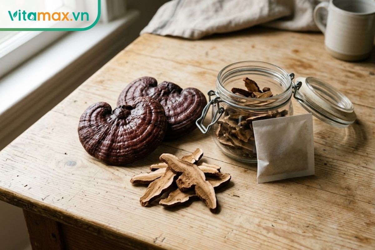 Nấm linh chi khô nguyên tai và thái lát được đặt cạnh hũ thủy tinh kín và túi chống ẩm trên bàn gỗ sạch.
