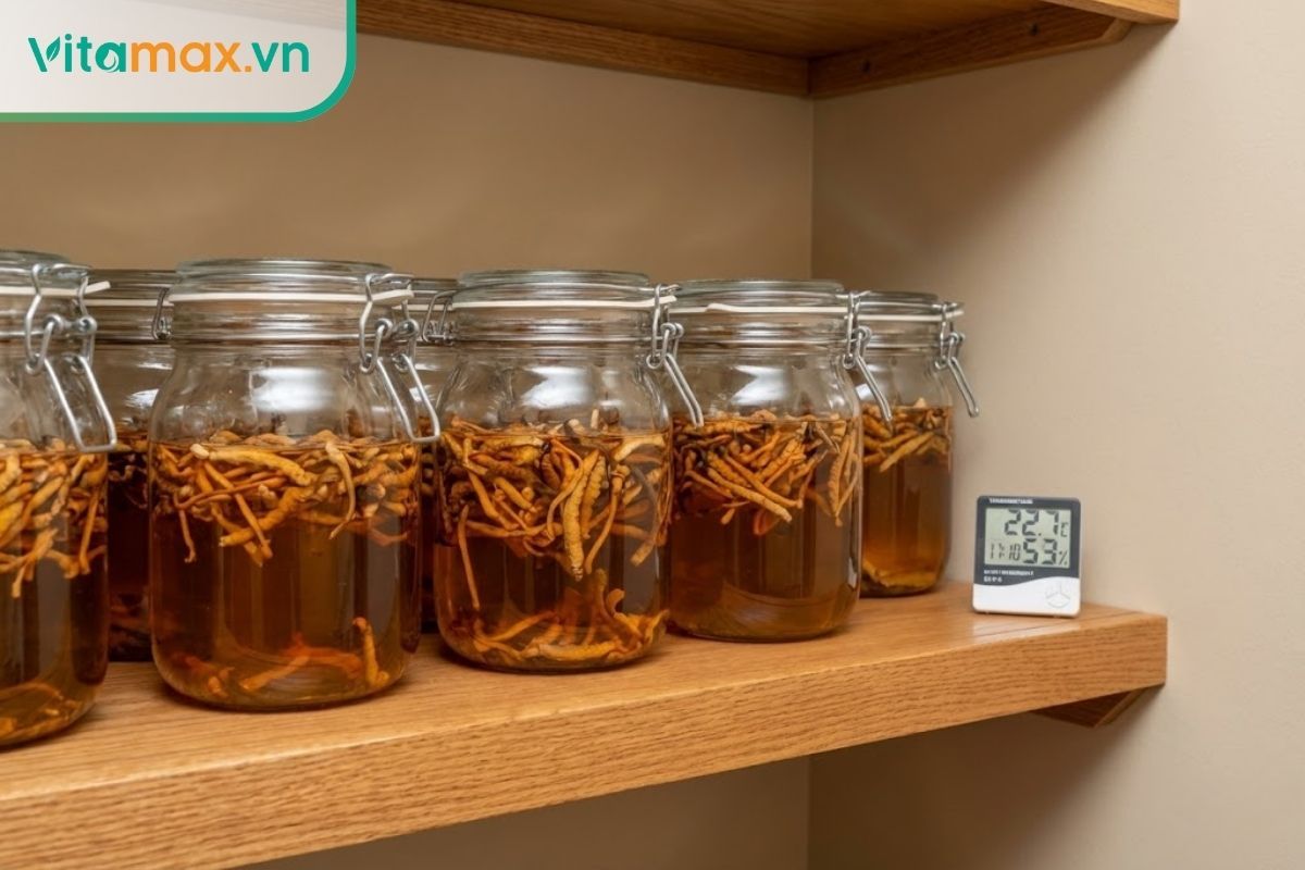 Các bình thủy tinh đựng rượu thảo dược được sắp xếp gọn gàng trên kệ gỗ ở nơi thoáng mát, tránh ánh nắng.