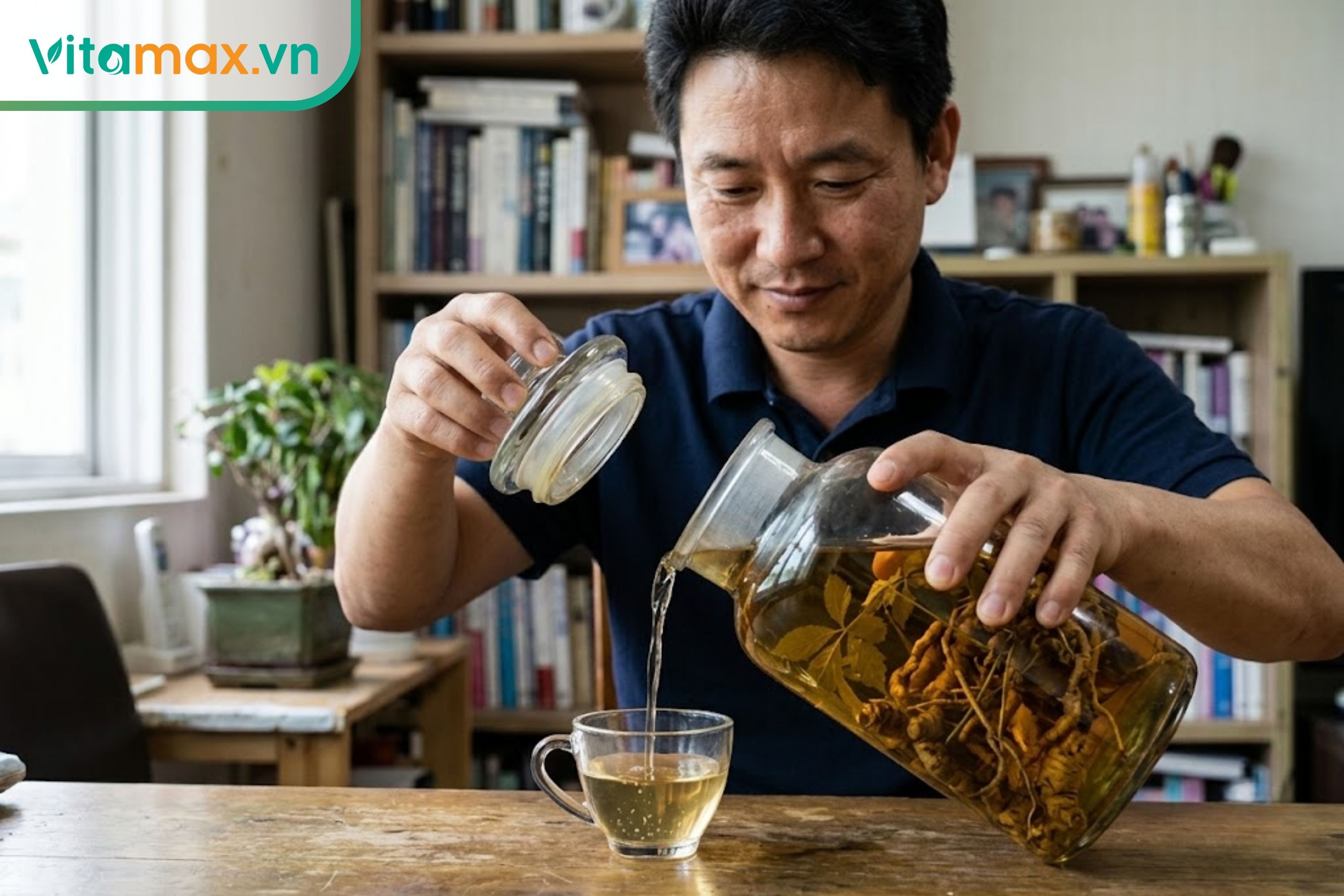 Một người đàn ông đang rót rượu sâm Ngọc Linh trong vắt ra ly, một tay cầm sẵn nắp đậy bình.