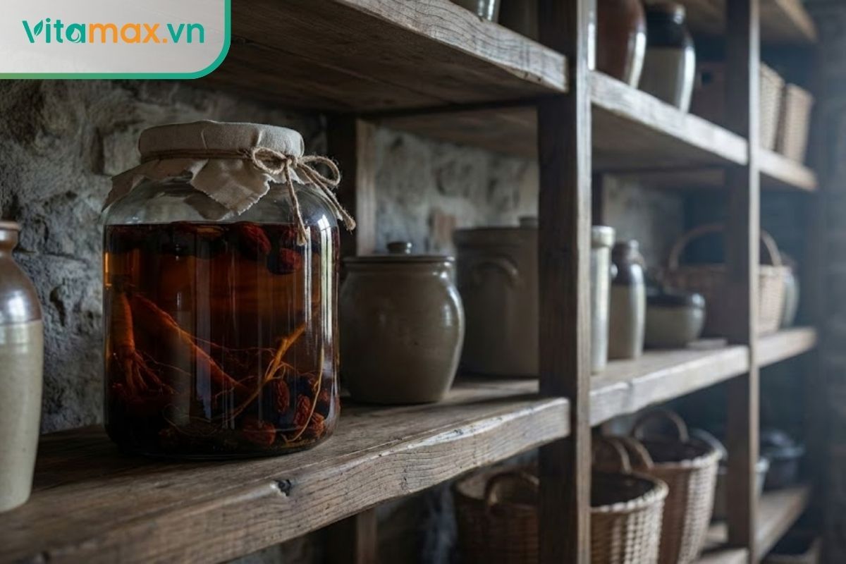 Bình rượu sâm táo đỏ được đậy kín nắp, đặt ngay ngắn trên kệ gỗ thoáng mát.