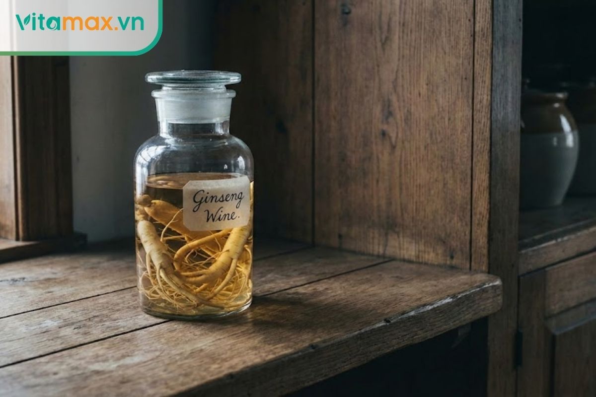 Bình rượu sâm được đặt trên kệ gỗ ở nơi khô ráo, thoáng mát, tránh ánh nắng trực tiếp để không bị hỏng.