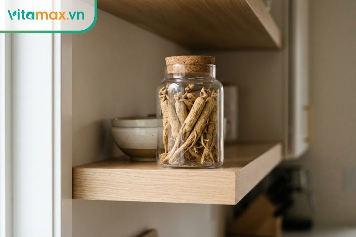 bảo quản sâm khô trong hũ thủy tinh kín nắp kèm gói hút ẩm