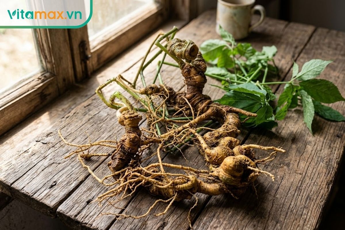 Củ sâm Ngọc Linh tươi nguyên vẹn với phần rễ và thân đốt rõ nét đặt trên thớt gỗ mộc mạc để chuẩn bị bảo quản.