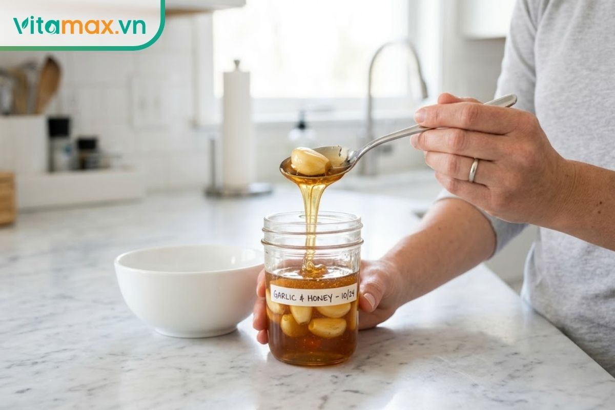 Một bàn tay đang dùng chiếc thìa inox hoàn toàn khô ráo và sạch sẽ để múc tỏi và mật ong từ trong hũ ra một chiếc bát sứ trắng nhỏ, môi trường xung quanh bếp sáng sủa, sạch sẽ.