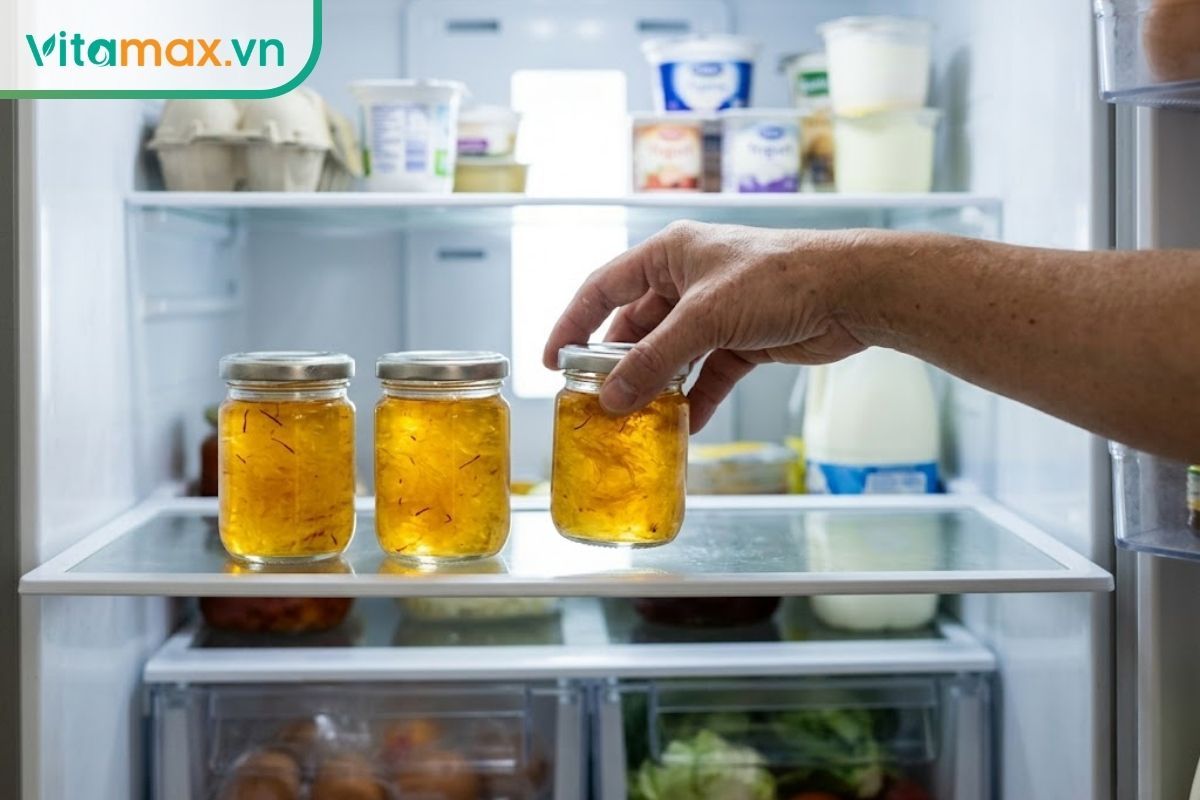 Bàn tay đang đặt các hũ thủy tinh nhỏ đựng yến chưng saffron đậy nắp kín, xếp gọn gàng trên kệ của ngăn mát tủ lạnh gia đình.